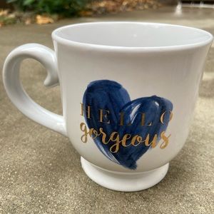 White Muse Coffee cup Gold lettering.Hello Gorgeous & blue heart.Excellent look.